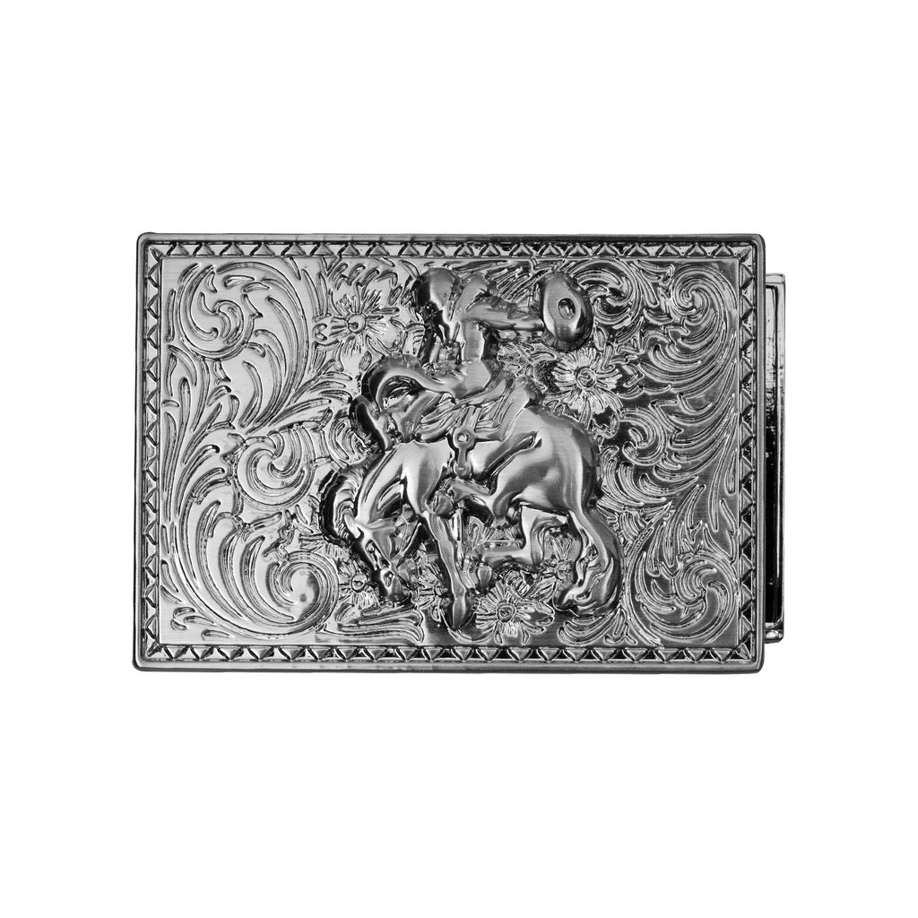 Mission Belt Buckle with a cowboy riding a horse